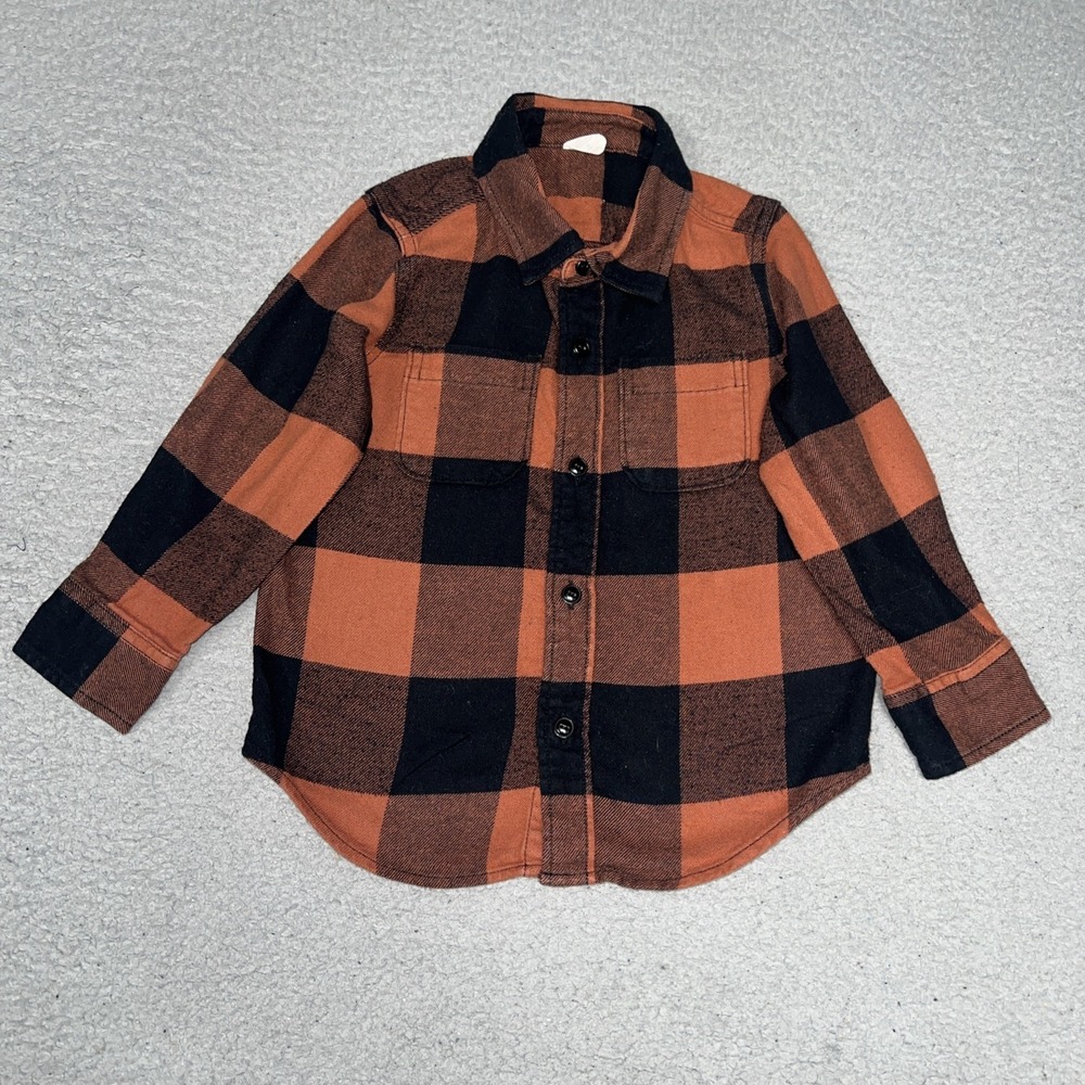 Gap Orgnic Cotton Shirt Toddler Sz 3Yrs Orange Buffalo Plaid Flannel Button Up